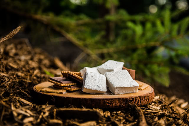 Chocolate crackers and marshmallows ready to be assembled into s'mores.