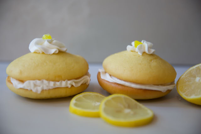 Lemon whoopie pies with a whipped cream filling.