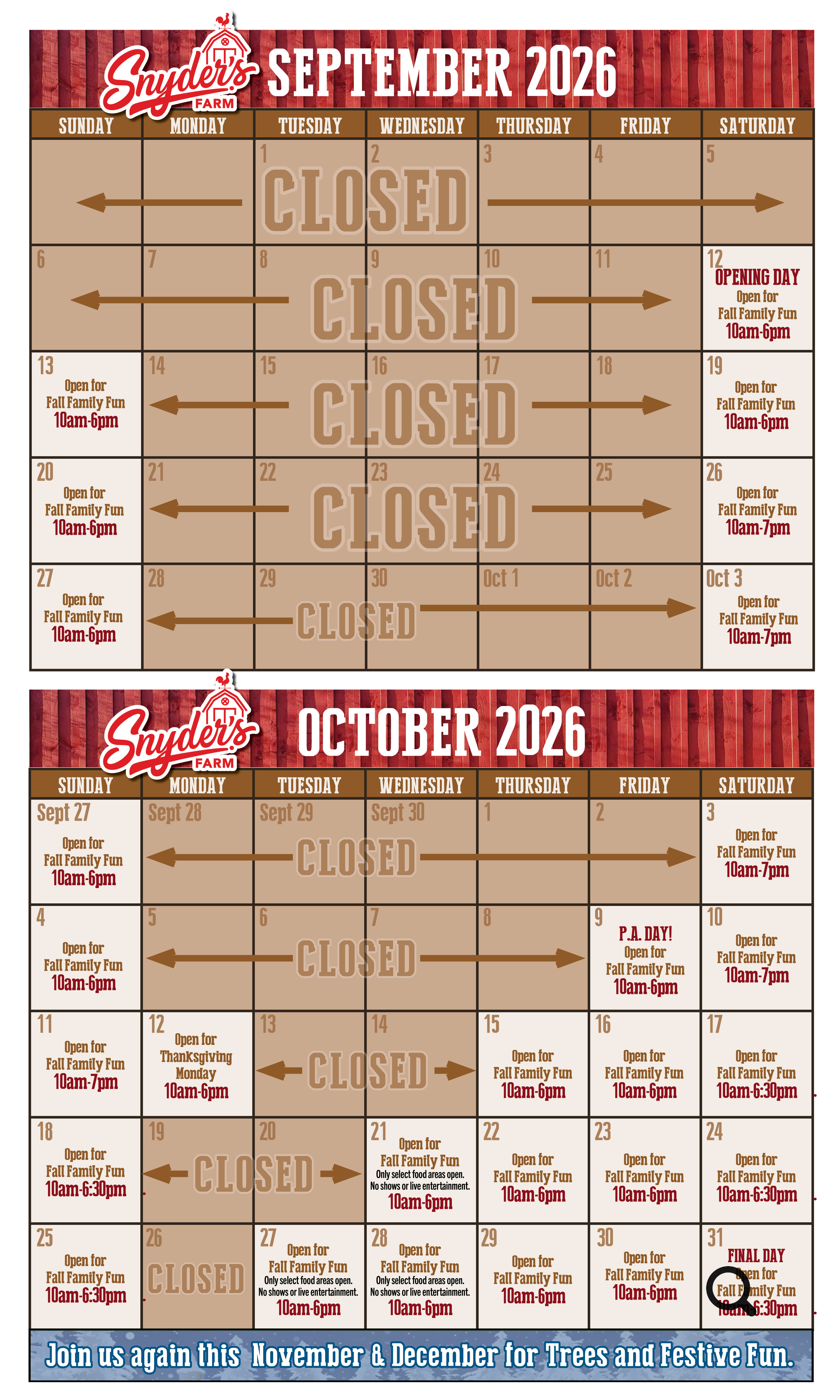 Snyder's Farm schedule calendar showing opening hours in September and October.