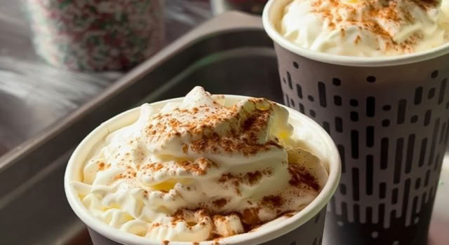 Cups of hot beverages topped with whipped cream and cinnamon.